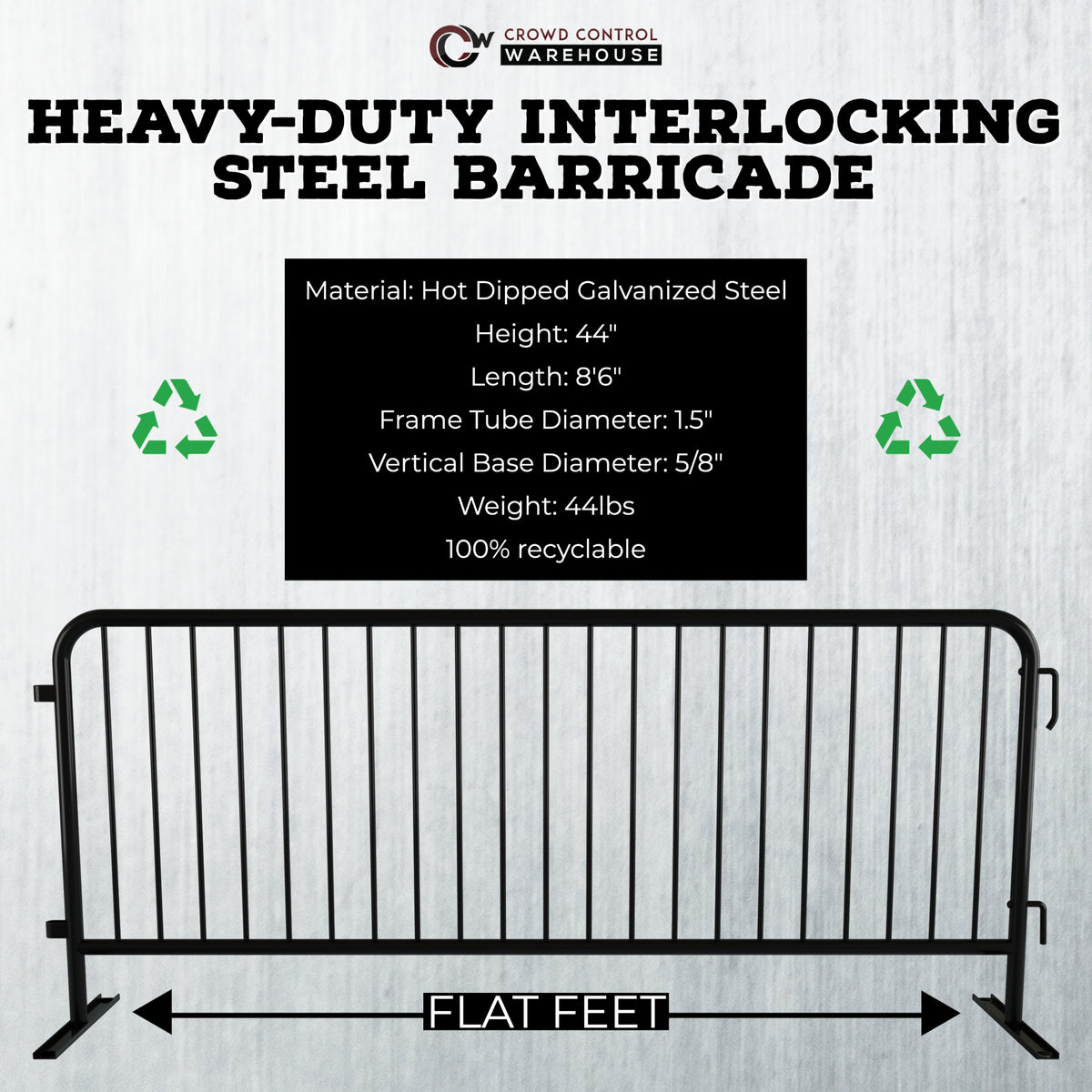 Heavy Duty Interlocking Steel Barricade, 8.5 Ft., Black - Angry Bull ...