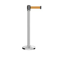 Retractable Belt Barrier Stanchion, Sloped Base, Polished Stainless Steel Post, 13 ft Belt - Montour Line M530