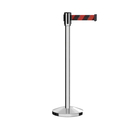 Retractable Belt Barrier Stanchion, Sloped Base, Polished Stainless Steel Post, 11 ft Belt - Montour Line M530