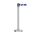 Retractable Belt Barrier Stanchion, Sloped Base, Polished Stainless Steel Post, 13 ft Belt - Montour Line M530