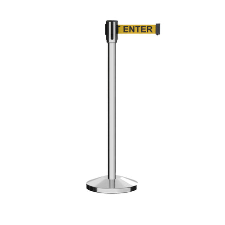 Retractable Belt Barrier Stanchion, Sloped Base, Polished Stainless Steel Post, 13 ft Belt - Montour Line M530