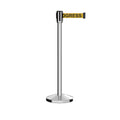 Retractable Belt Barrier Stanchion, Sloped Base, Polished Stainless Steel Post, 11 ft Belt - Montour Line M530