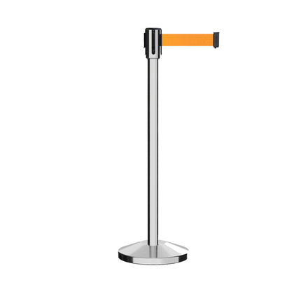 Retractable Belt Barrier Stanchion, Sloped Base, Polished Stainless Steel Post, 13 ft Belt - Montour Line M530