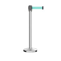 Retractable Belt Barrier Stanchion, Sloped Base, Polished Stainless Steel Post, 13 ft Belt - Montour Line M530