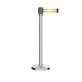 Retractable Belt Barrier Stanchion, Sloped Base, Polished Stainless Steel Post, 13 ft Belt - Montour Line M530