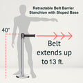 Retractable Belt Barrier Stanchion, Sloped Base, Polished Stainless Steel Post, 13 ft Belt - Montour Line M530