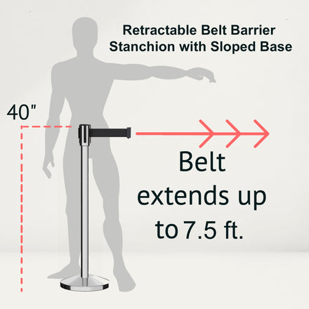 Retractable Belt Barrier Stanchion, Sloped Base, Polished Stainless Steel Post, 7.5 ft Belt - Montour Line M530