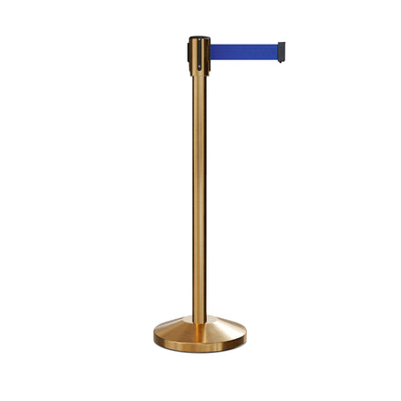 Retractable Belt Barrier Stanchion, Sloped Base, Satin Brass Post, 11 ft Belt - Montour Line M530