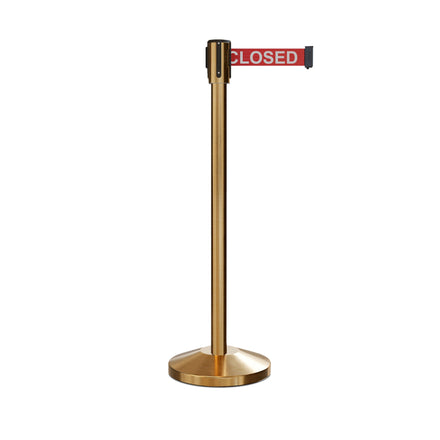 Retractable Belt Barrier Stanchion, Sloped Base, Satin Brass Post, 11 ft Belt - Montour Line M530