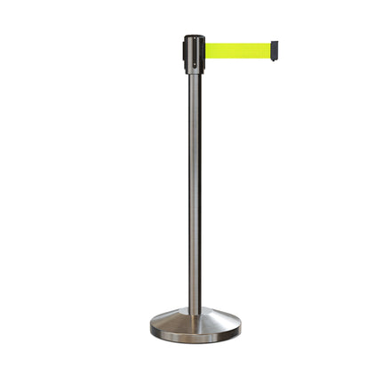 Retractable Belt Barrier Stanchion, Sloped Base, Satin Stainless Steel Post, 11 ft Belt - Montour Line M530