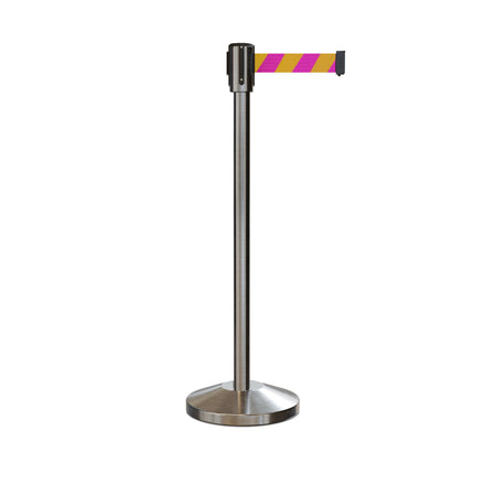 Retractable Belt Barrier Stanchion, Sloped Base, Satin Stainless Steel Post, 11 ft Belt - Montour Line M530