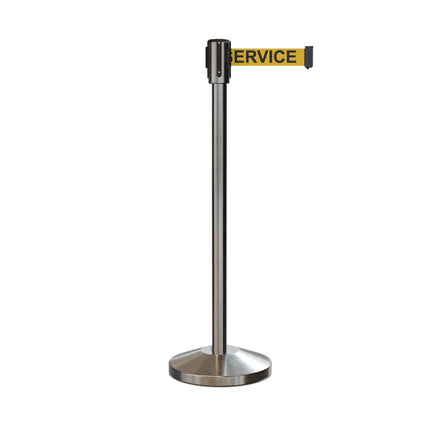 Retractable Belt Barrier Stanchion, Sloped Base, Satin Stainless Steel Post, 11 ft Belt - Montour Line M530