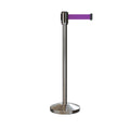 Retractable Belt Barrier Stanchion, Sloped Base, Satin Stainless Steel Post, 11 ft Belt - Montour Line M530