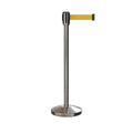 Retractable Belt Barrier Stanchion, Sloped Base, Satin Stainless Steel Post, 11 ft Belt - Montour Line M530