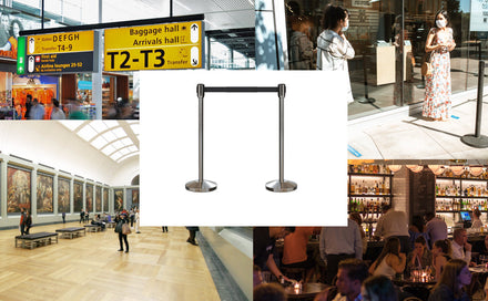 Retractable Belt Barrier Stanchion, Sloped Base, Satin Stainless Steel Post, 11 ft Belt - Montour Line M530