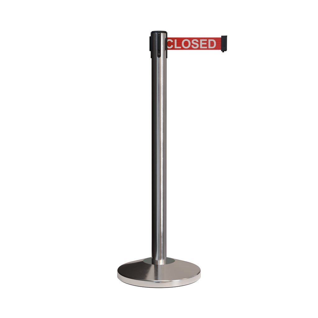 CCW Series RBB-100 Retractable Belt Barrier Polished Stainless Post - 12  Ft. Belt - Crowd Control Warehouse