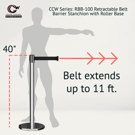 Retractable Belt Barrier Stanchion, Rolling Base, Polished Stainless Steel Post, 11 ft Belt - Montour Line ME630