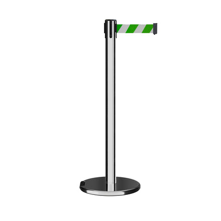 Retractable Belt Barrier Stanchion, Rolling Base, Polished Stainless Steel Post, 11 ft Belt - Montour Line ME630