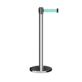 Retractable Belt Barrier Stanchion, Rolling Base, Polished Stainless Steel Post, 11 ft Belt - Montour Line ME630