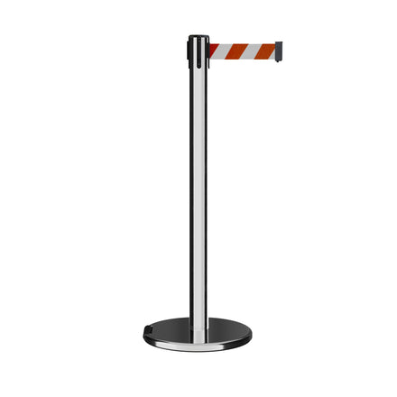 Retractable Belt Barrier Stanchion, Rolling Base, Polished Stainless Steel Post, 11 ft Belt - Montour Line ME630