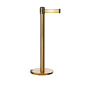 Retractable Belt Barrier Stanchion, Rolling Base, Satin Brass Post, 9 ft Belt - Montour Line ME630