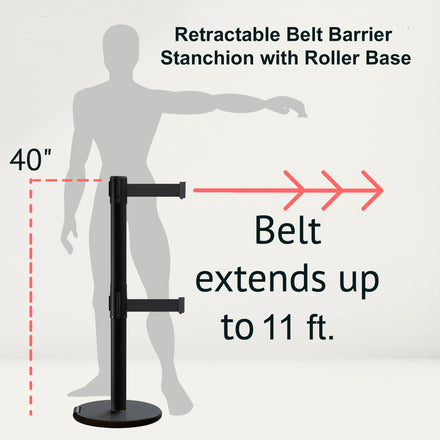 Retractable Dual Belt Barrier Stanchion, Rolling Base, Black Steel Post, 11 ft Belt - Montour Line ME630D