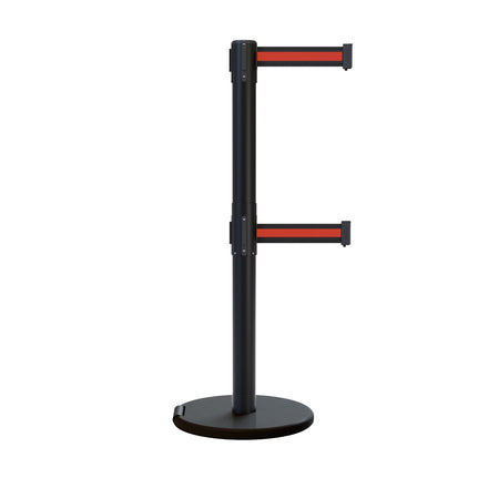 Retractable Dual Belt Barrier Stanchion, Rolling Base, Black Steel Post, 11 ft Belt - Montour Line ME630D