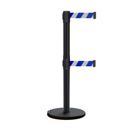 Retractable Dual Belt Barrier Stanchion, Rolling Base, Black Steel Post, 11 ft Belt - Montour Line ME630D