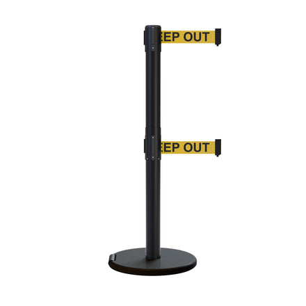 Retractable Dual Belt Barrier Stanchion, Rolling Base, Black Steel Post, 11 ft Belt - Montour Line ME630D