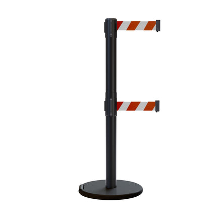 Retractable Dual Belt Barrier Stanchion, Rolling Base, Black Steel Post, 11 ft Belt - Montour Line ME630D