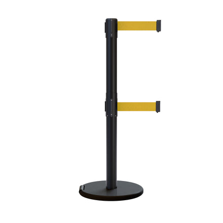 Retractable Dual Belt Barrier Stanchion, Rolling Base, Black Steel Post, 11 ft Belt - Montour Line ME630D