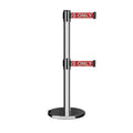 Retractable Dual Belt Barrier Stanchion, Rolling Base, Polished Stainless Steel Post, 9 ft Belt - Montour Line ME630D