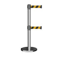 Retractable Dual Belt Barrier Stanchion, Rolling Base, Polished Stainless Steel Post, 9 ft Belt - Montour Line ME630D