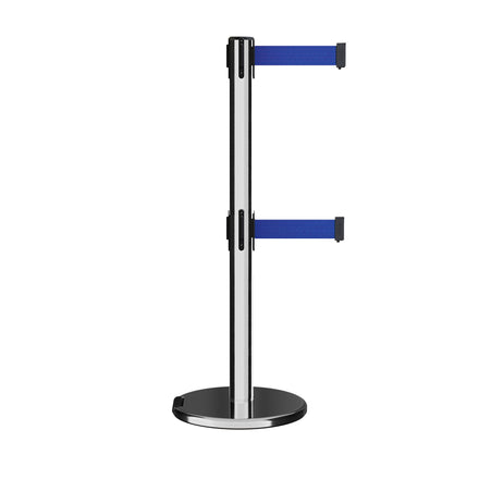 Retractable Dual Belt Barrier Stanchion, Rolling Base, Polished Stainless Steel Post, 9 ft Belt - Montour Line ME630D