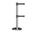 Retractable Dual Belt Barrier Stanchion, Rolling Base, Polished Stainless Steel Post, 9 ft Belt - Montour Line ME630D