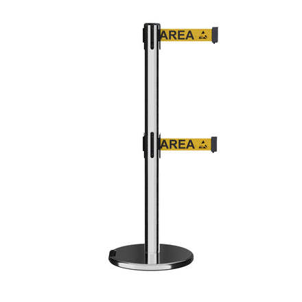 Retractable Dual Belt Barrier Stanchion, Rolling Base, Polished Stainless Steel Post, 9 ft Belt - Montour Line ME630D