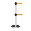 Retractable Dual Belt Barrier Stanchion, Rolling Base, Polished Stainless Steel Post, 9 ft Belt - Montour Line ME630D