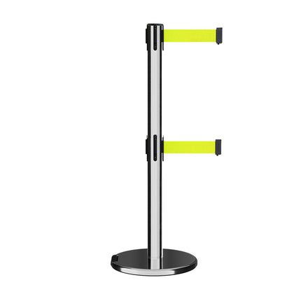 Retractable Dual Belt Barrier Stanchion, Rolling Base, Polished Stainless Steel Post, 9 ft Belt - Montour Line ME630D