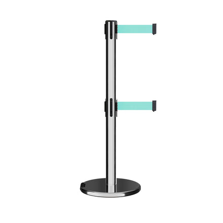 Retractable Dual Belt Barrier Stanchion, Rolling Base, Polished Stainless Steel Post, 9 ft Belt - Montour Line ME630D