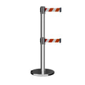 Retractable Dual Belt Barrier Stanchion, Rolling Base, Polished Stainless Steel Post, 9 ft Belt - Montour Line ME630D