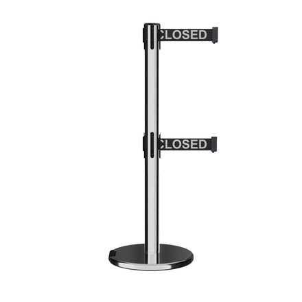 Retractable Dual Belt Barrier Stanchion, Rolling Base, Polished Stainless Steel Post, 9 ft Belt - Montour Line ME630D