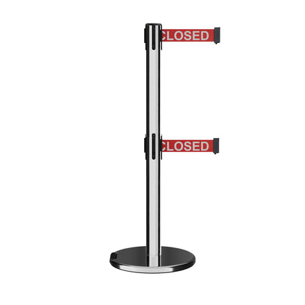 Retractable Dual Belt Barrier Stanchion, Rolling Base, Polished Stainless Steel Post, 9 ft Belt - Montour Line ME630D