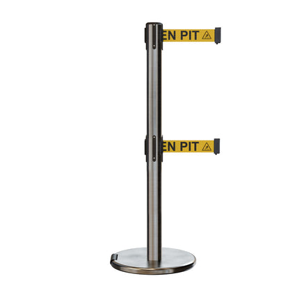 Retractable Dual Belt Barrier Stanchion, Rolling Base, Satin Stainless Steel Post, 11 ft Belt - Montour Line ME630D