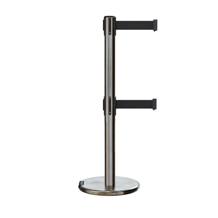 Retractable Dual Belt Barrier Stanchion, Rolling Base, Satin Stainless Steel Post, 11 ft Belt - Montour Line ME630D