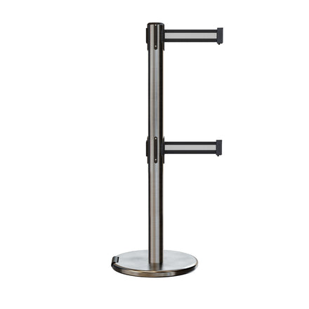 Retractable Dual Belt Barrier Stanchion, Rolling Base, Satin Stainless Steel Post, 11 ft Belt - Montour Line ME630D