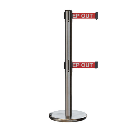 Retractable Dual Belt Barrier Stanchion, Rolling Base, Satin Stainless Steel Post, 11 ft Belt - Montour Line ME630D