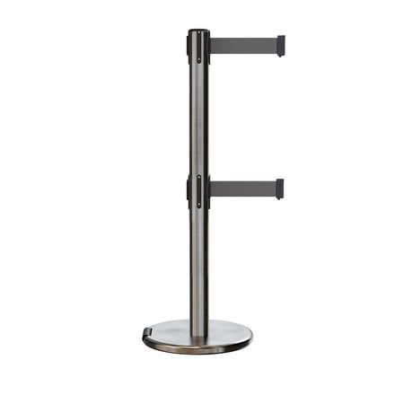 Retractable Dual Belt Barrier Stanchion, Rolling Base, Satin Stainless Steel Post, 11 ft Belt - Montour Line ME630D