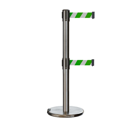 Retractable Dual Belt Barrier Stanchion, Rolling Base, Satin Stainless Steel Post, 11 ft Belt - Montour Line ME630D