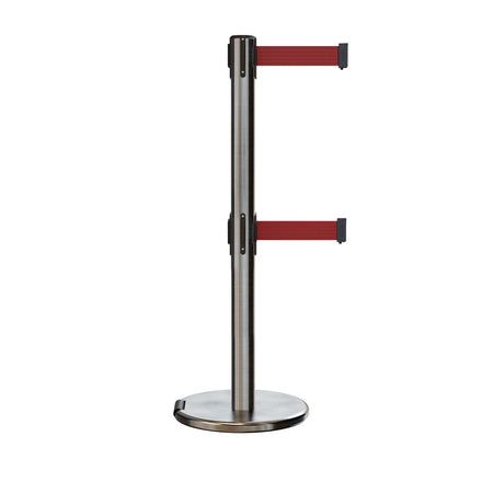 Retractable Dual Belt Barrier Stanchion, Rolling Base, Satin Stainless Steel Post, 11 ft Belt - Montour Line ME630D