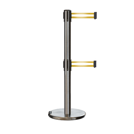 Retractable Dual Belt Barrier Stanchion, Rolling Base, Satin Stainless Steel Post, 11 ft Belt - Montour Line ME630D